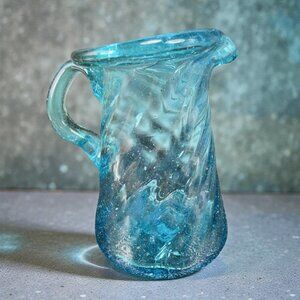 Vintage Blue Hand Blown Glass Optic Mini Pitcher Vase Jug Glassware Hand Made